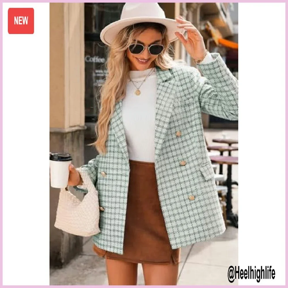 Women's Plaid Tweed Blazer Double Breasted Open Front Work Jacket - Picture 3 of 8